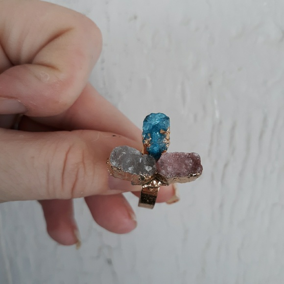 New Handmade Titanium Druzy Agate Gold Plated Adjustable Ring. - Picture 5 of 8